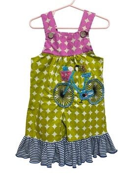 La Jenns.  Girls Green & Pink Bicycle Appliqué One-Piece Romper